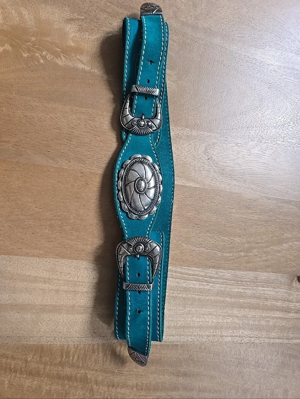 Vintage Western Double Buckle Belt Teal Turquoise Suede Concho Boho Womens S M - Picture 2 of 8